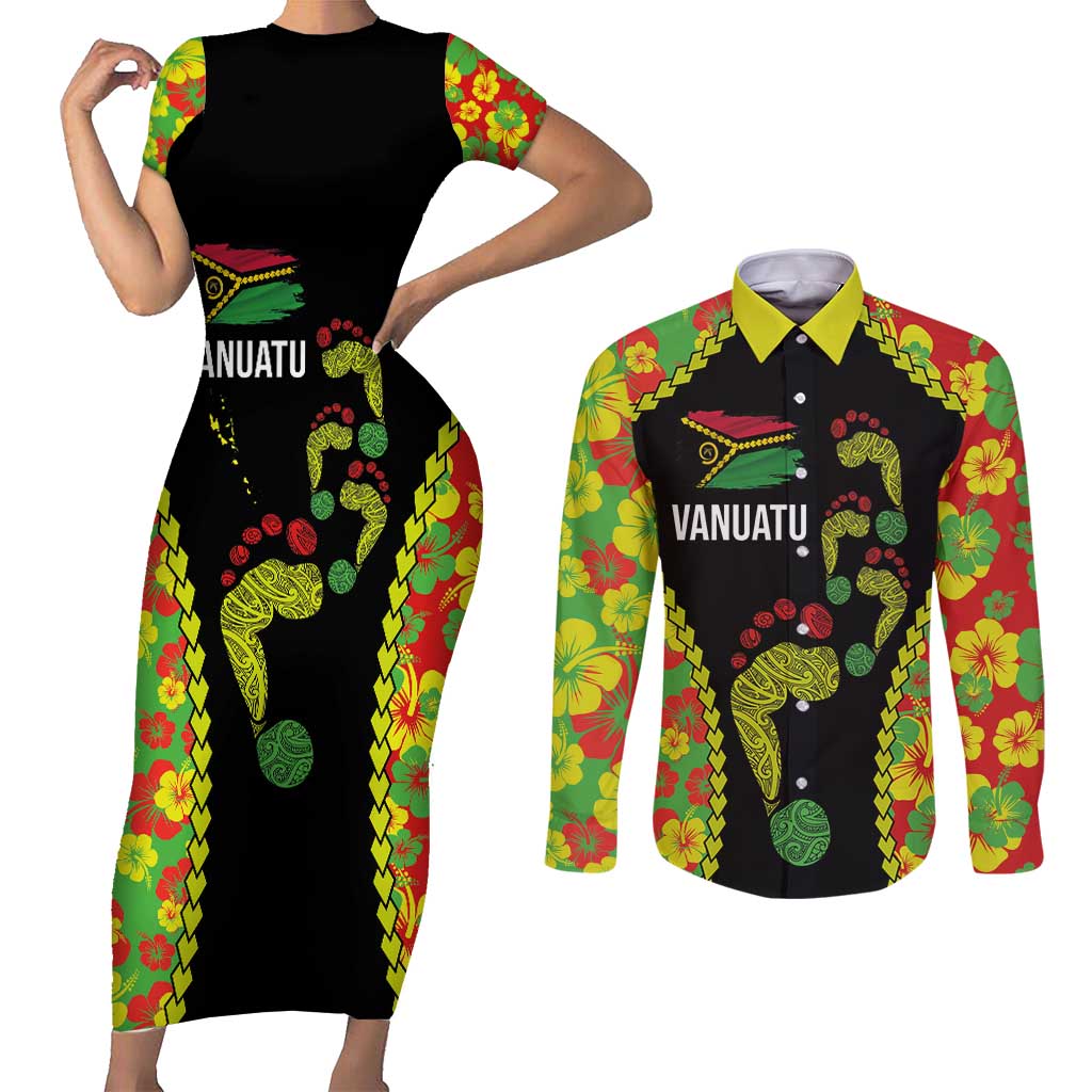 Personalised Vanuatu Running Couples Matching Short Sleeve Bodycon Dress and Long Sleeve Button Shirt Footprint and Hibiscus Polynesian Style LT03 Black - Polynesian Pride