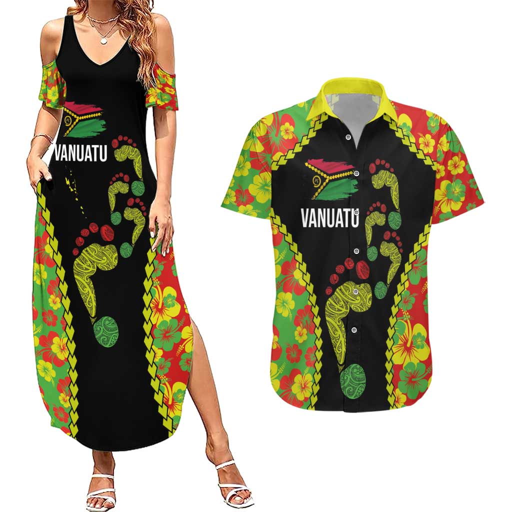Personalised Vanuatu Running Couples Matching Summer Maxi Dress and Hawaiian Shirt Footprint and Hibiscus Polynesian Style LT03 Black - Polynesian Pride