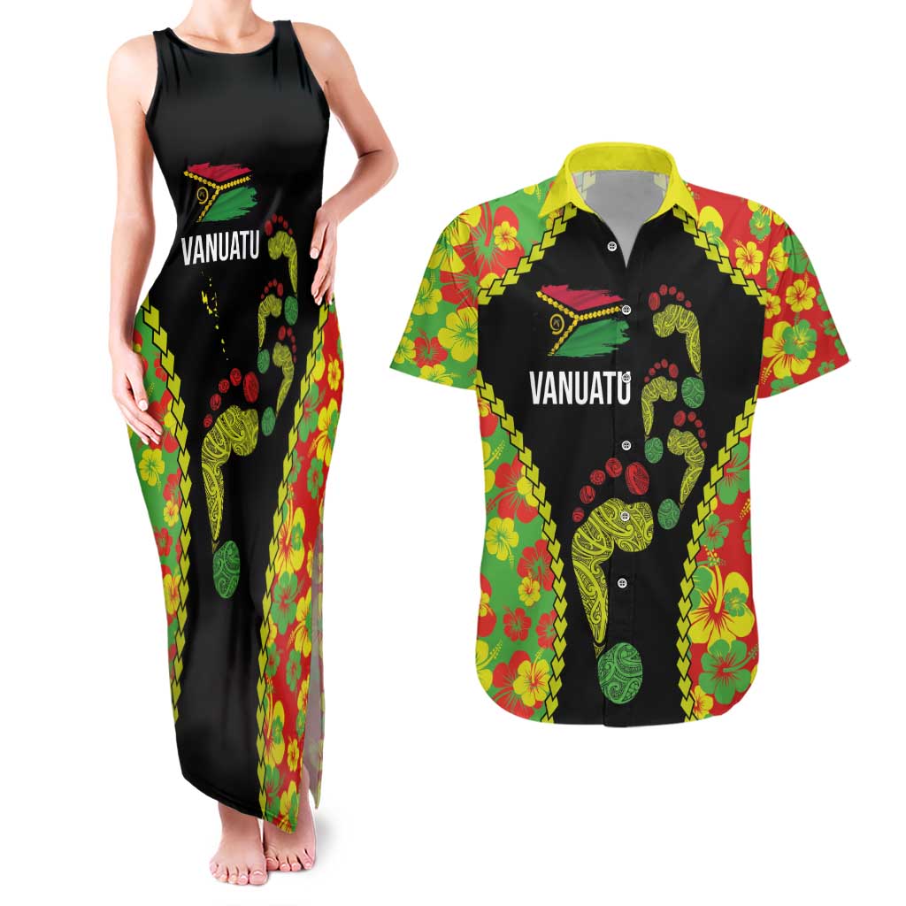 Personalised Vanuatu Running Couples Matching Tank Maxi Dress and Hawaiian Shirt Footprint and Hibiscus Polynesian Style LT03 Black - Polynesian Pride