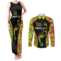 Personalised Vanuatu Running Couples Matching Tank Maxi Dress and Long Sleeve Button Shirt Footprint and Hibiscus Polynesian Style LT03 Black - Polynesian Pride