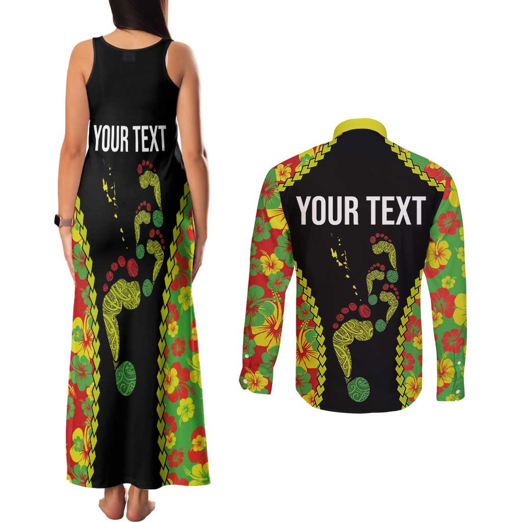 Personalised Vanuatu Running Couples Matching Tank Maxi Dress and Long Sleeve Button Shirt Footprint and Hibiscus Polynesian Style LT03 - Polynesian Pride