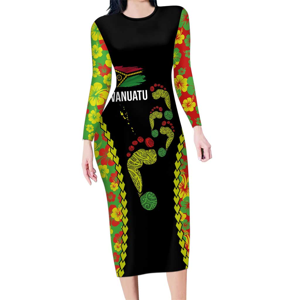 Personalised Vanuatu Running Family Matching Long Sleeve Bodycon Dress and Hawaiian Shirt Footprint and Hibiscus Polynesian Style LT03 Mom's Dress Black - Polynesian Pride