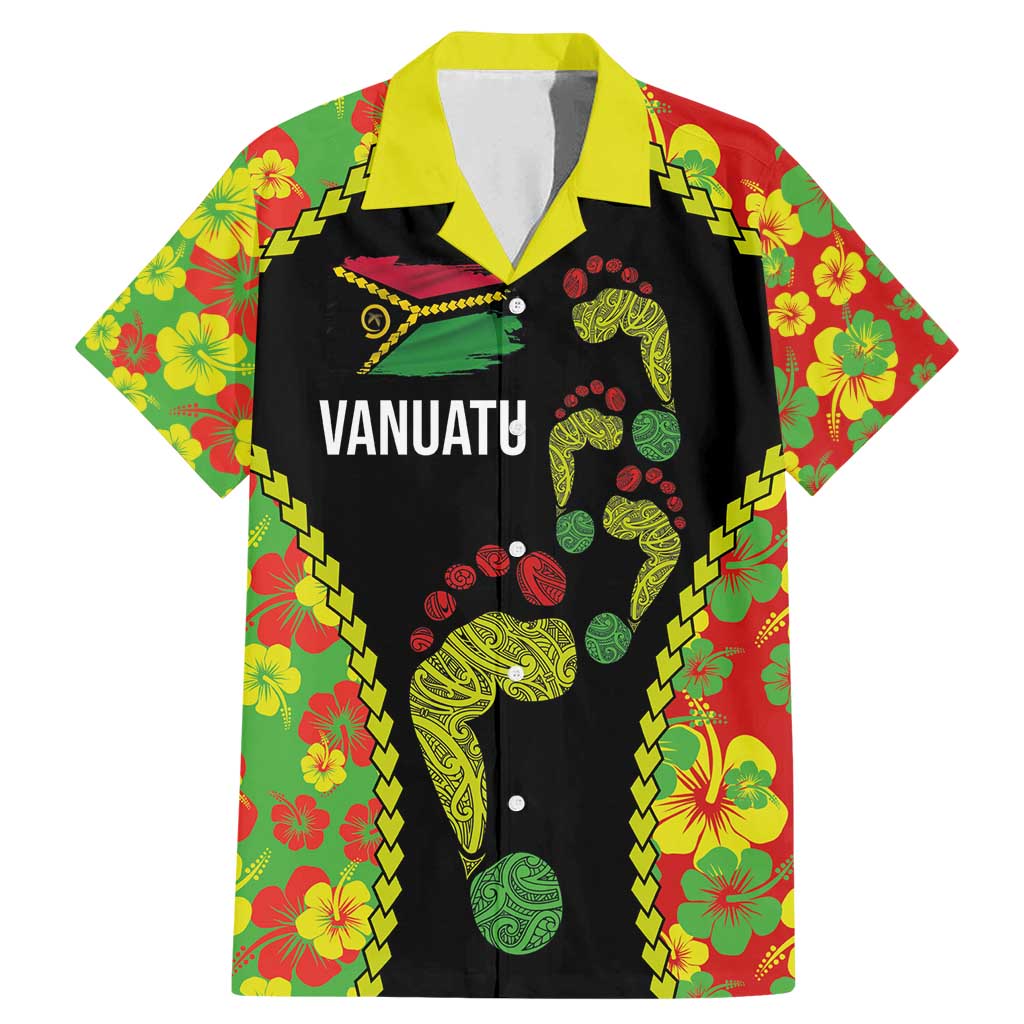 Personalised Vanuatu Running Family Matching Mermaid Dress and Hawaiian Shirt Footprint and Hibiscus Polynesian Style LT03 Dad's Shirt - Short Sleeve Black - Polynesian Pride