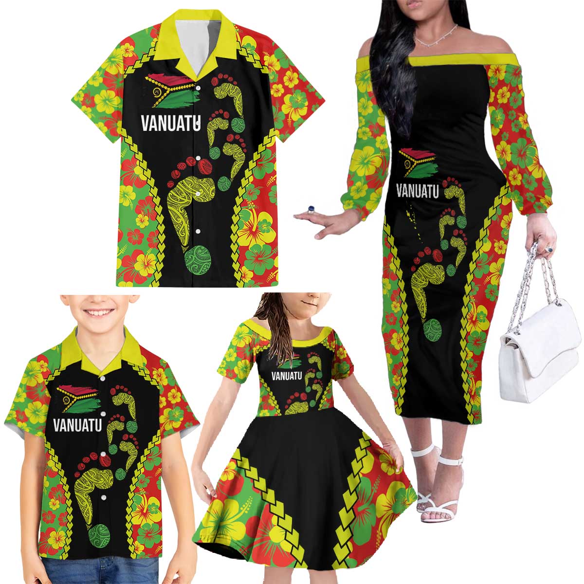 Personalised Vanuatu Running Family Matching Off The Shoulder Long Sleeve Dress and Hawaiian Shirt Footprint and Hibiscus Polynesian Style LT03 - Polynesian Pride