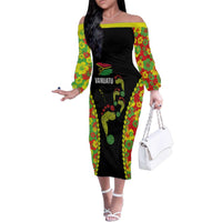 Personalised Vanuatu Running Family Matching Off The Shoulder Long Sleeve Dress and Hawaiian Shirt Footprint and Hibiscus Polynesian Style LT03 Mom's Dress Black - Polynesian Pride