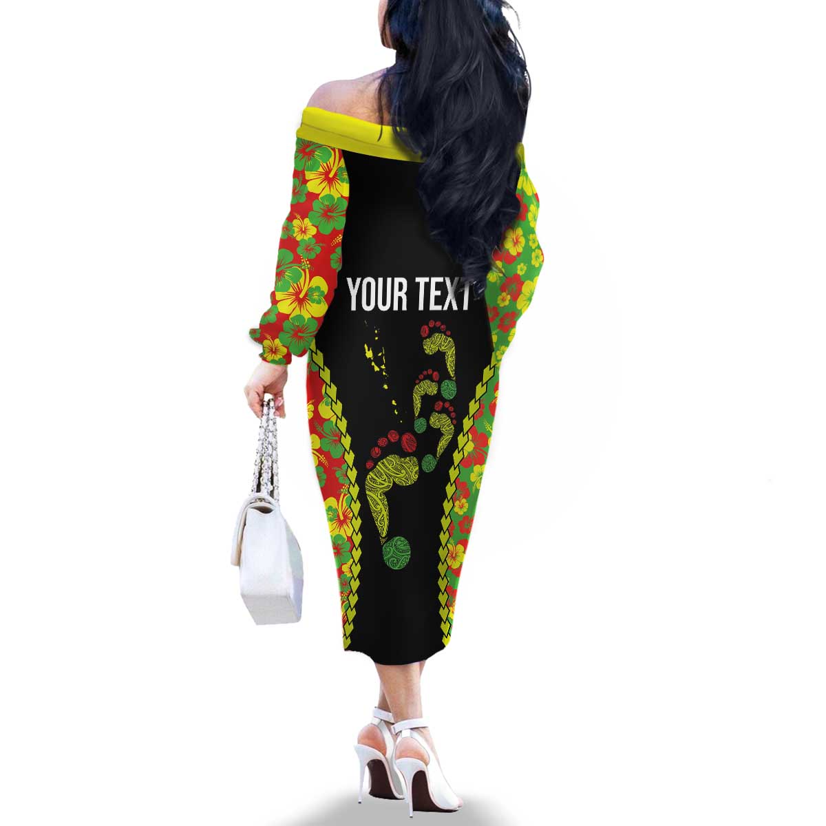 Personalised Vanuatu Running Family Matching Off The Shoulder Long Sleeve Dress and Hawaiian Shirt Footprint and Hibiscus Polynesian Style LT03 - Polynesian Pride