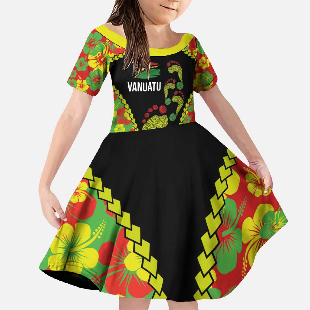 Personalised Vanuatu Running Family Matching Off Shoulder Maxi Dress and Hawaiian Shirt Footprint and Hibiscus Polynesian Style LT03 Daughter's Dress Black - Polynesian Pride