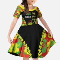 Personalised Vanuatu Running Family Matching Off Shoulder Maxi Dress and Hawaiian Shirt Footprint and Hibiscus Polynesian Style LT03 Daughter's Dress Black - Polynesian Pride