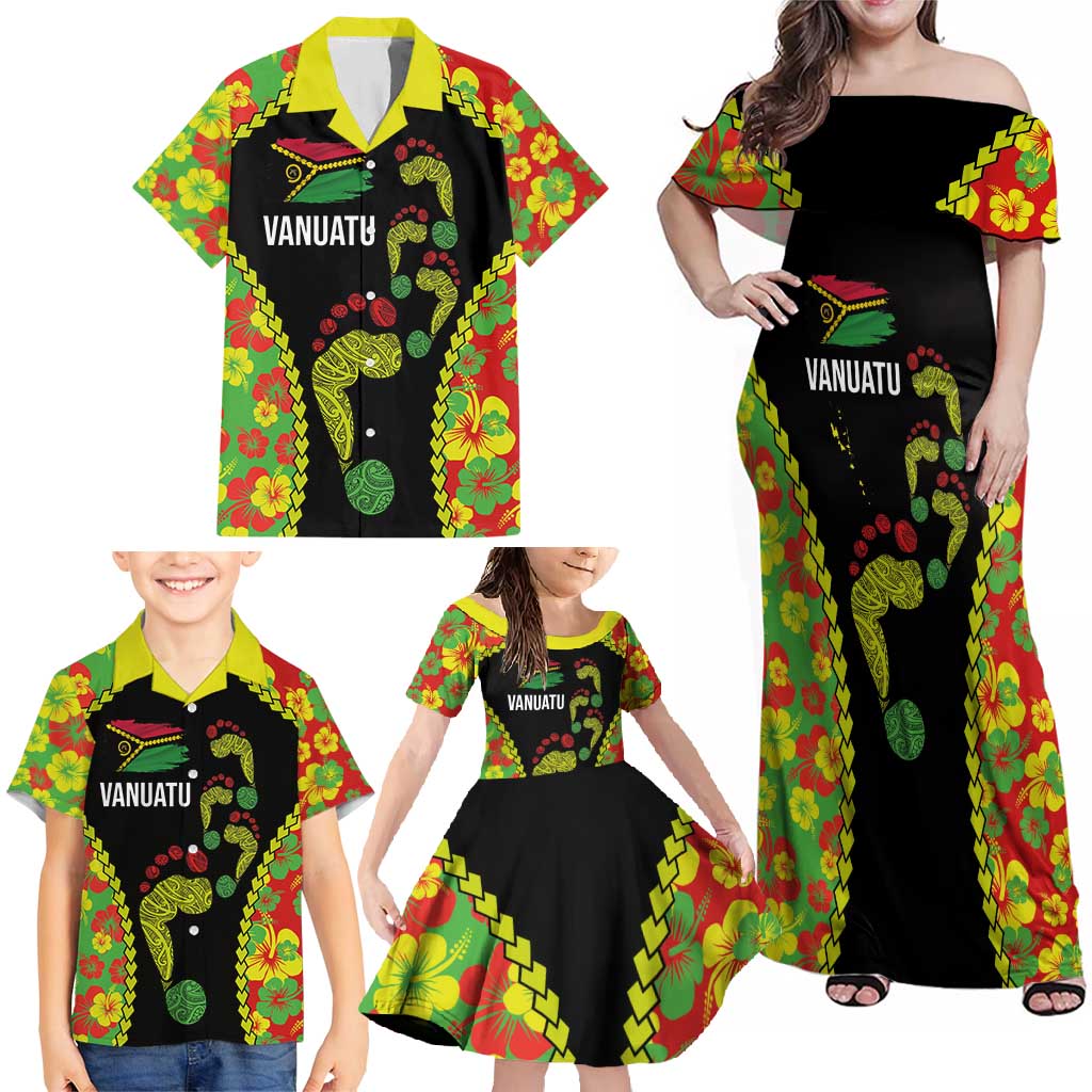 Personalised Vanuatu Running Family Matching Off Shoulder Maxi Dress and Hawaiian Shirt Footprint and Hibiscus Polynesian Style LT03 - Polynesian Pride