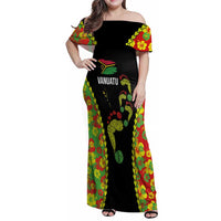 Personalised Vanuatu Running Family Matching Off Shoulder Maxi Dress and Hawaiian Shirt Footprint and Hibiscus Polynesian Style LT03 Mom's Dress Black - Polynesian Pride