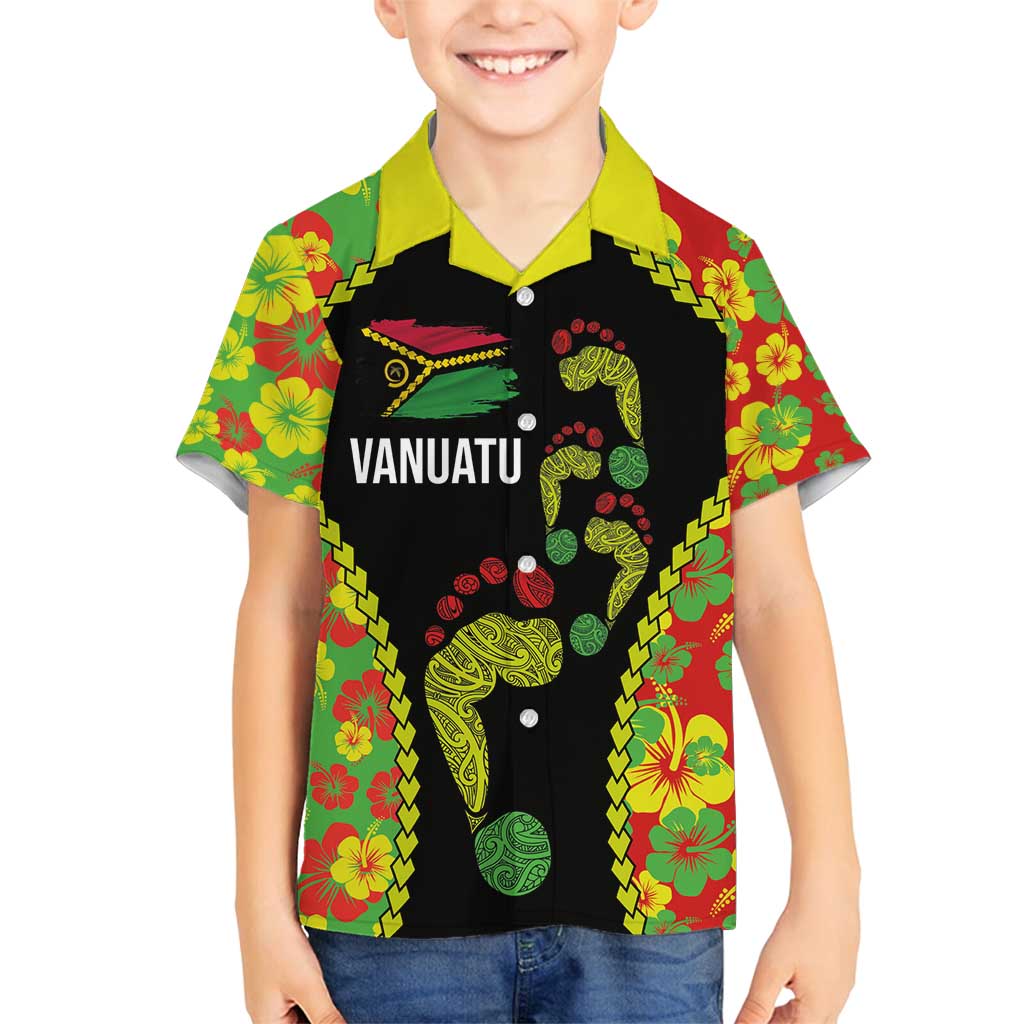 Personalised Vanuatu Running Family Matching Off Shoulder Maxi Dress and Hawaiian Shirt Footprint and Hibiscus Polynesian Style LT03 Son's Shirt Black - Polynesian Pride
