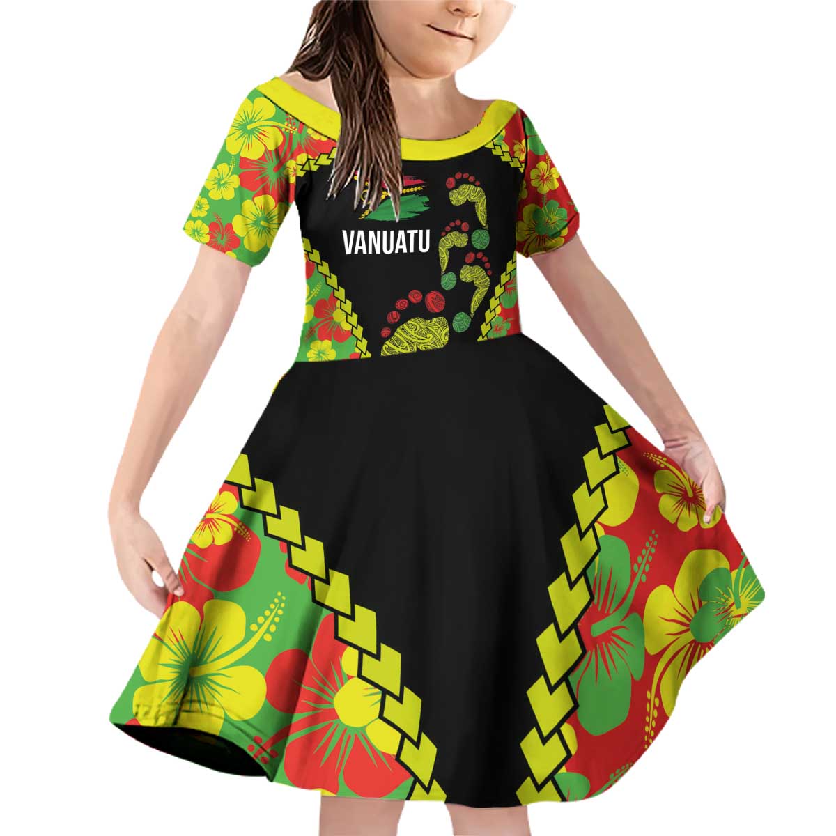 Personalised Vanuatu Running Family Matching Off Shoulder Short Dress and Hawaiian Shirt Footprint and Hibiscus Polynesian Style LT03 Daughter's Dress Black - Polynesian Pride
