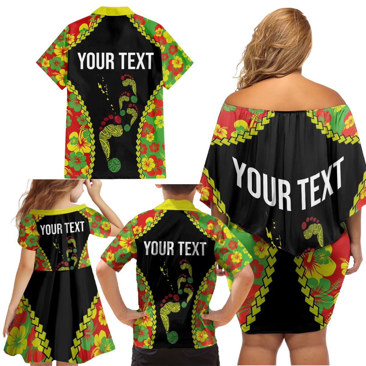 Personalised Vanuatu Running Family Matching Off Shoulder Short Dress and Hawaiian Shirt Footprint and Hibiscus Polynesian Style LT03 - Polynesian Pride