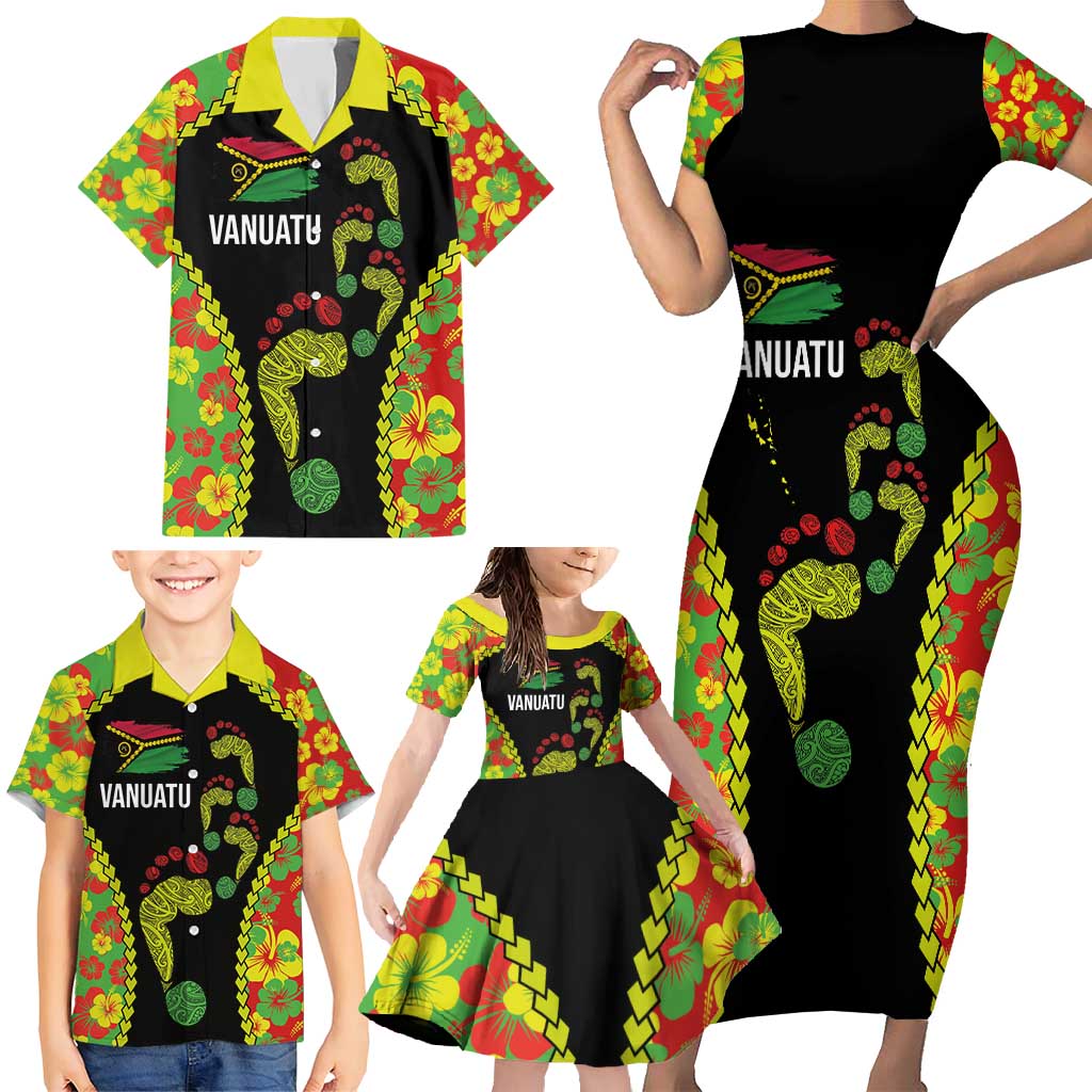 Personalised Vanuatu Running Family Matching Short Sleeve Bodycon Dress and Hawaiian Shirt Footprint and Hibiscus Polynesian Style LT03 - Polynesian Pride