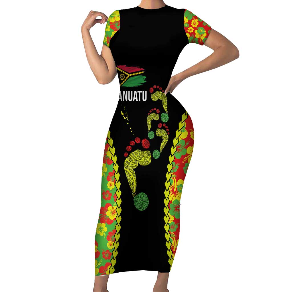 Personalised Vanuatu Running Family Matching Short Sleeve Bodycon Dress and Hawaiian Shirt Footprint and Hibiscus Polynesian Style LT03 Mom's Dress Black - Polynesian Pride
