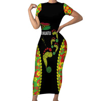Personalised Vanuatu Running Family Matching Short Sleeve Bodycon Dress and Hawaiian Shirt Footprint and Hibiscus Polynesian Style LT03 Mom's Dress Black - Polynesian Pride
