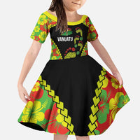 Personalised Vanuatu Running Family Matching Summer Maxi Dress and Hawaiian Shirt Footprint and Hibiscus Polynesian Style LT03 Daughter's Dress Black - Polynesian Pride