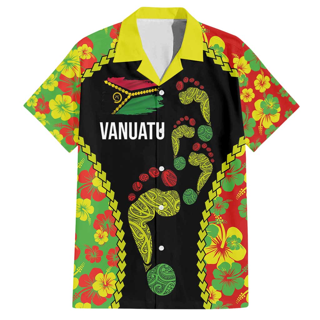Personalised Vanuatu Running Family Matching Tank Maxi Dress and Hawaiian Shirt Footprint and Hibiscus Polynesian Style LT03 Dad's Shirt - Short Sleeve Black - Polynesian Pride