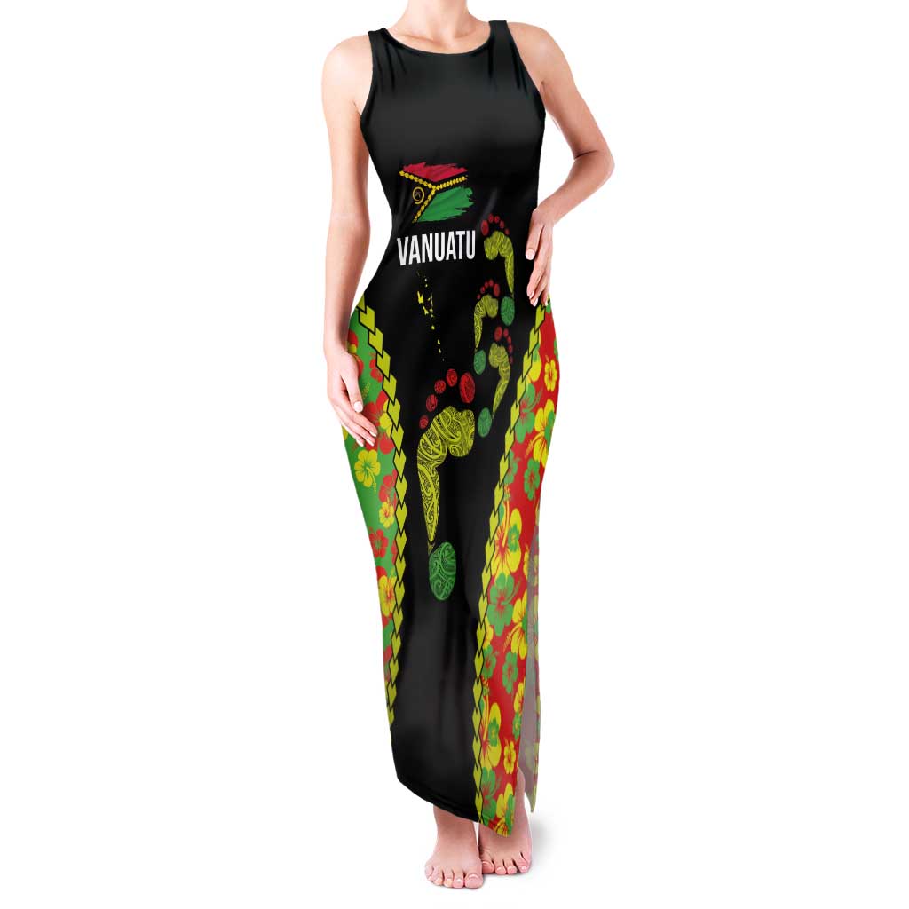 Personalised Vanuatu Running Family Matching Tank Maxi Dress and Hawaiian Shirt Footprint and Hibiscus Polynesian Style LT03 Mom's Dress Black - Polynesian Pride