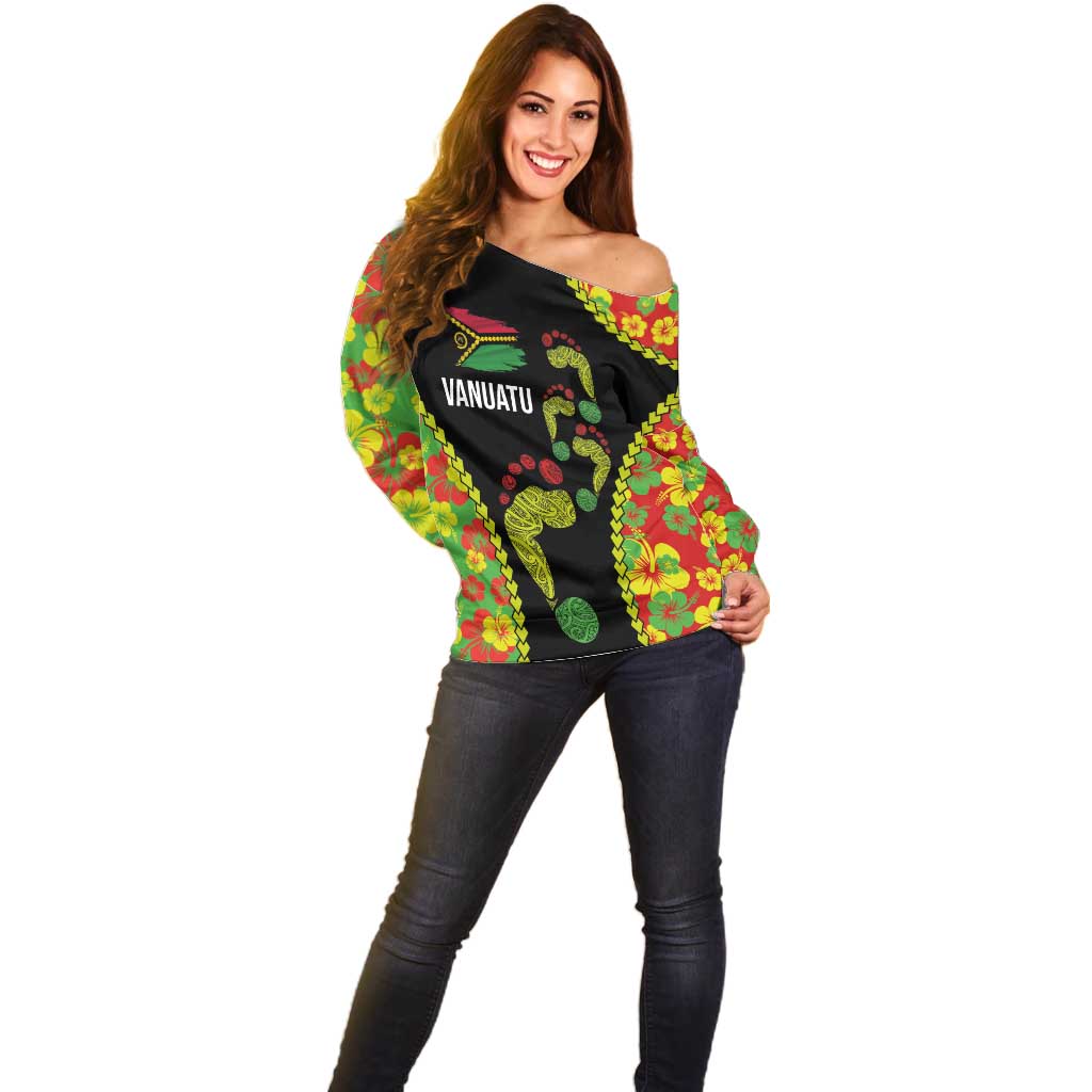 Personalised Vanuatu Running Off Shoulder Sweater Footprint and Hibiscus Polynesian Style