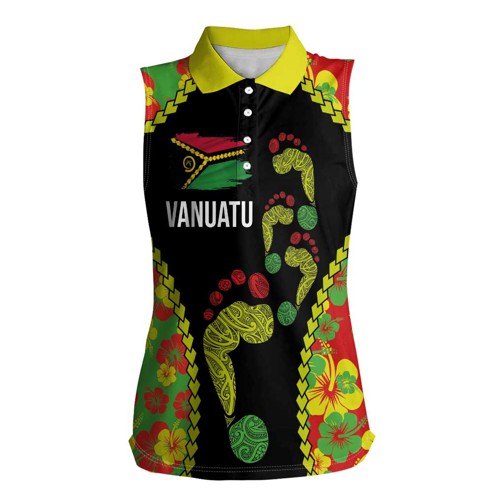 Personalised Vanuatu Running Women Sleeveless Polo Shirt Footprint and Hibiscus Polynesian Style LT03 Female Black - Polynesian Pride
