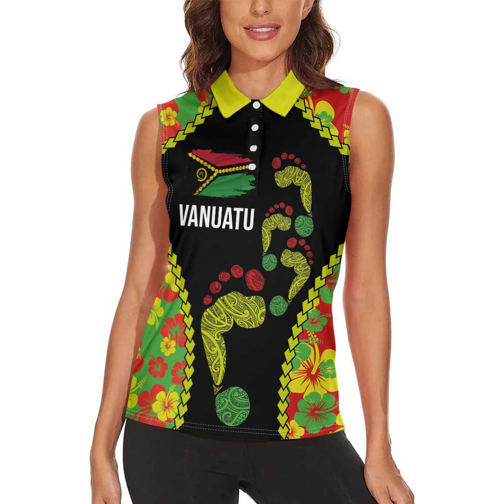 Personalised Vanuatu Running Women Sleeveless Polo Shirt Footprint and Hibiscus Polynesian Style LT03 - Polynesian Pride