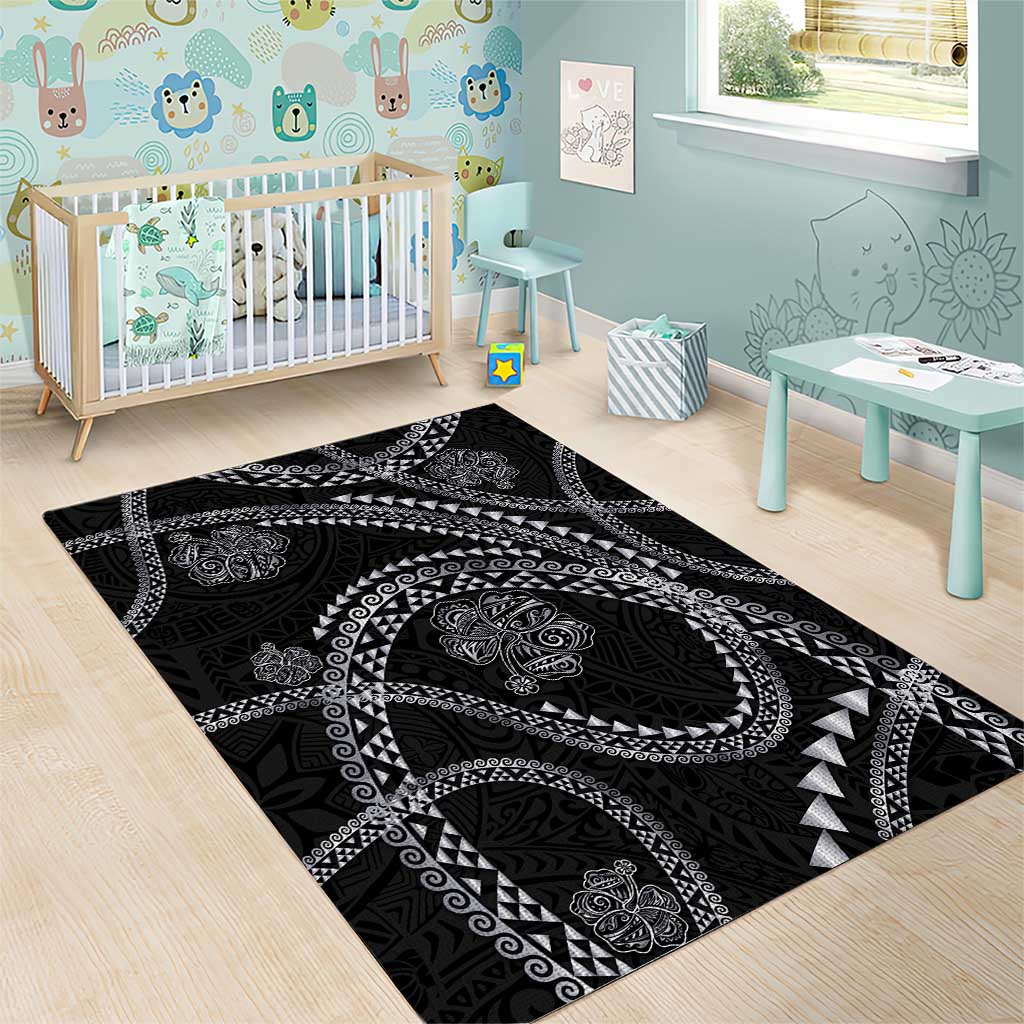 Hawaiian Kakau Art and Hisbiscus Tattoo Area Rug Tribal Pattern-Silver Style - Polynesian Pride