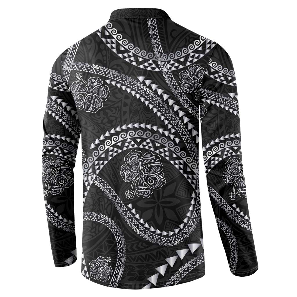 Hawaiian Kakau Art and Hisbiscus Tattoo Button Sweatshirt Tribal Pattern-Silver Style LT03 - Polynesian Pride