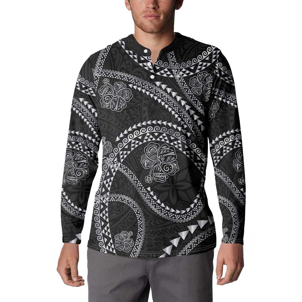 Hawaiian Kakau Art and Hisbiscus Tattoo Button Sweatshirt Tribal Pattern-Silver Style LT03 - Polynesian Pride