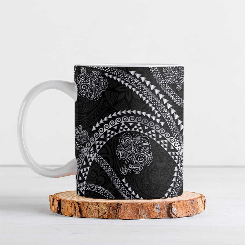 Hawaiian Kakau Art and Hisbiscus Tattoo Ceramic Mug Tribal Pattern-Silver Style LT03 Black - Polynesian Pride