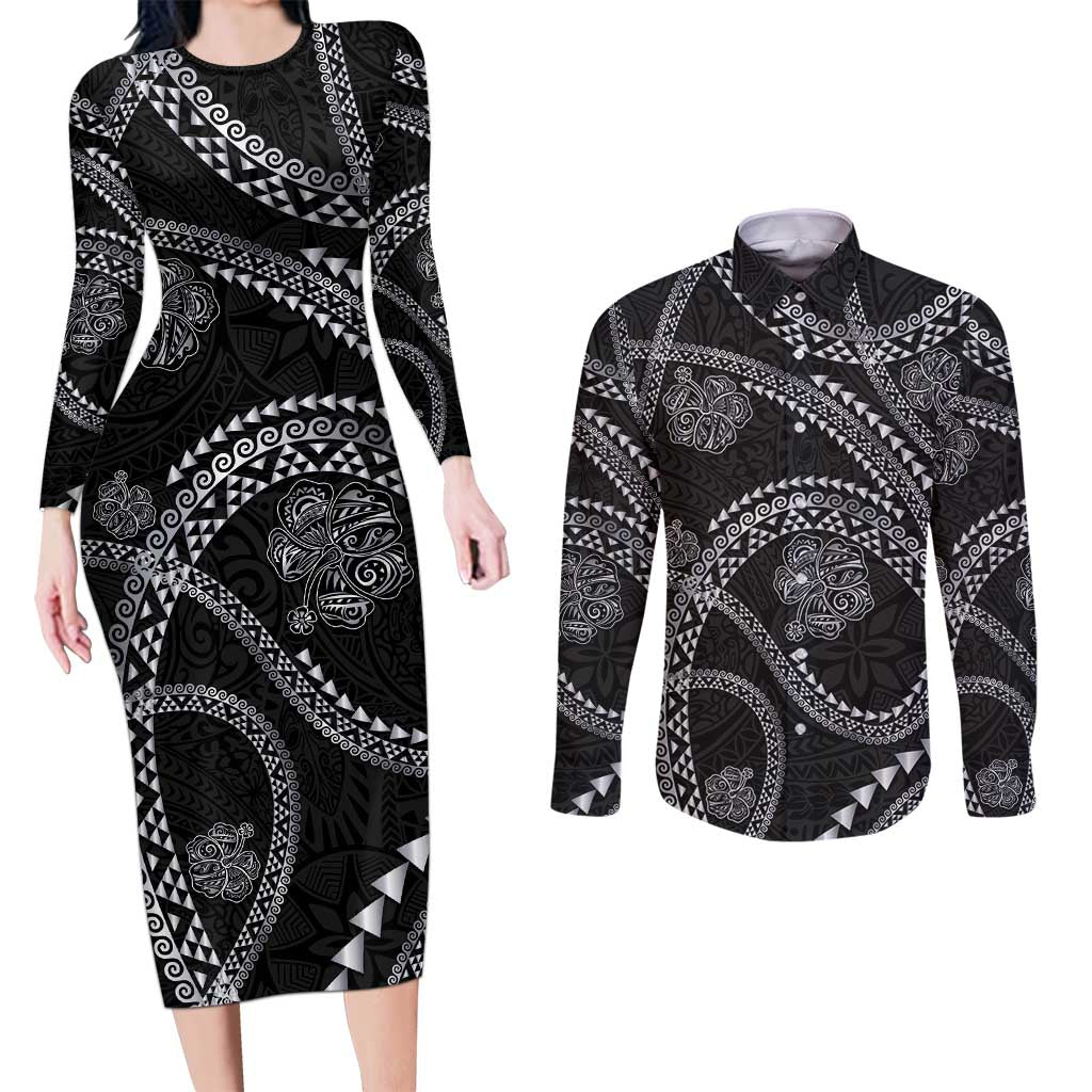 Hawaiian Kakau Art and Hisbiscus Tattoo Couples Matching Long Sleeve Bodycon Dress and Long Sleeve Button Shirt Tribal Pattern-Silver Style LT03 Black - Polynesian Pride