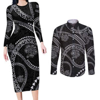 Hawaiian Kakau Art and Hisbiscus Tattoo Couples Matching Long Sleeve Bodycon Dress and Long Sleeve Button Shirt Tribal Pattern-Silver Style LT03 Black - Polynesian Pride