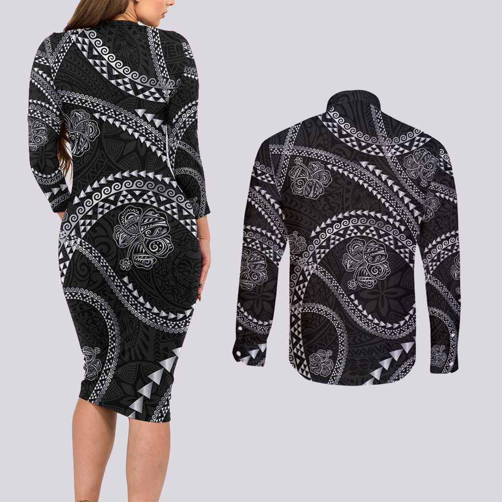 Hawaiian Kakau Art and Hisbiscus Tattoo Couples Matching Long Sleeve Bodycon Dress and Long Sleeve Button Shirt Tribal Pattern-Silver Style LT03 - Polynesian Pride