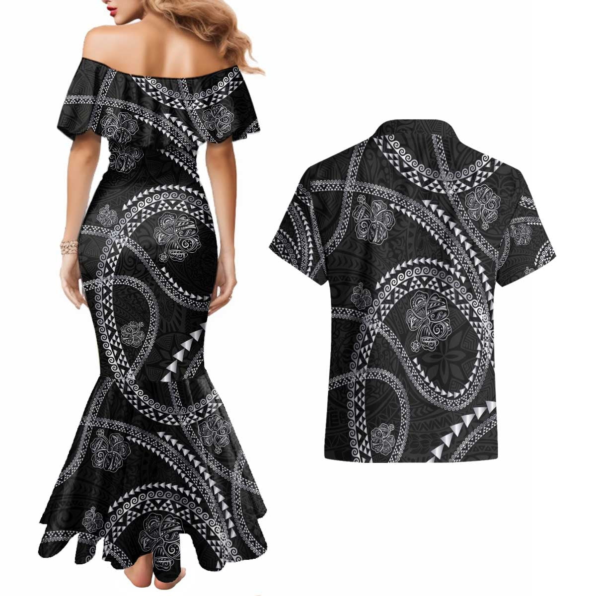 Hawaiian Kakau Art and Hisbiscus Tattoo Couples Matching Mermaid Dress and Hawaiian Shirt Tribal Pattern-Silver Style LT03 - Polynesian Pride