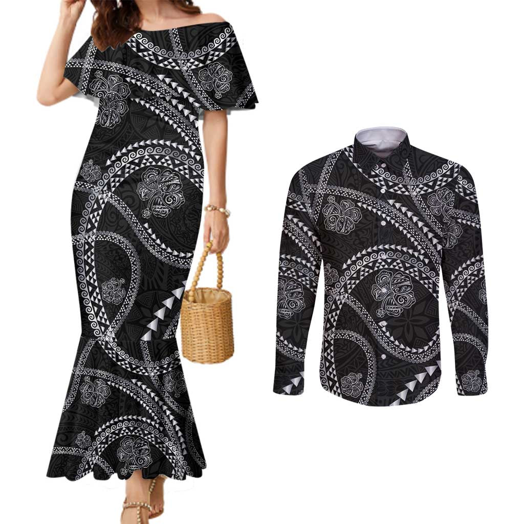 Hawaiian Kakau Art and Hisbiscus Tattoo Couples Matching Mermaid Dress and Long Sleeve Button Shirt Tribal Pattern-Silver Style LT03 Black - Polynesian Pride