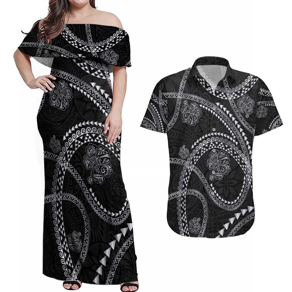 Hawaiian Kakau Art and Hisbiscus Tattoo Couples Matching Off Shoulder Maxi Dress and Hawaiian Shirt Tribal Pattern-Silver Style LT03 Black - Polynesian Pride