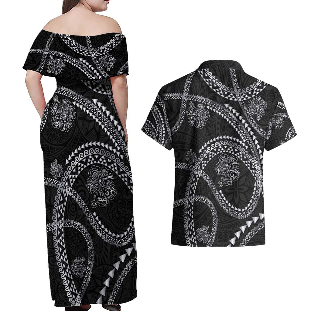 Hawaiian Kakau Art and Hisbiscus Tattoo Couples Matching Off Shoulder Maxi Dress and Hawaiian Shirt Tribal Pattern-Silver Style LT03 - Polynesian Pride