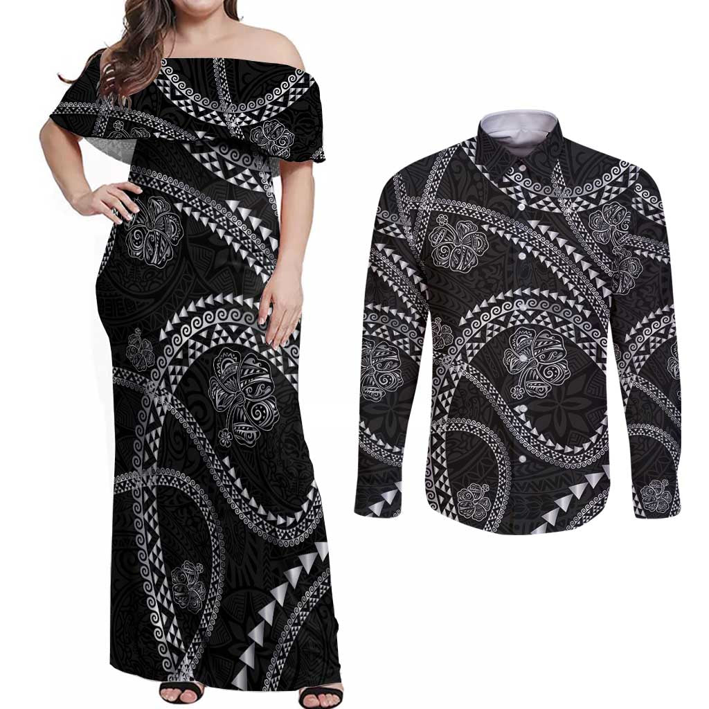 Hawaiian Kakau Art and Hisbiscus Tattoo Couples Matching Off Shoulder Maxi Dress and Long Sleeve Button Shirt Tribal Pattern-Silver Style LT03 Black - Polynesian Pride