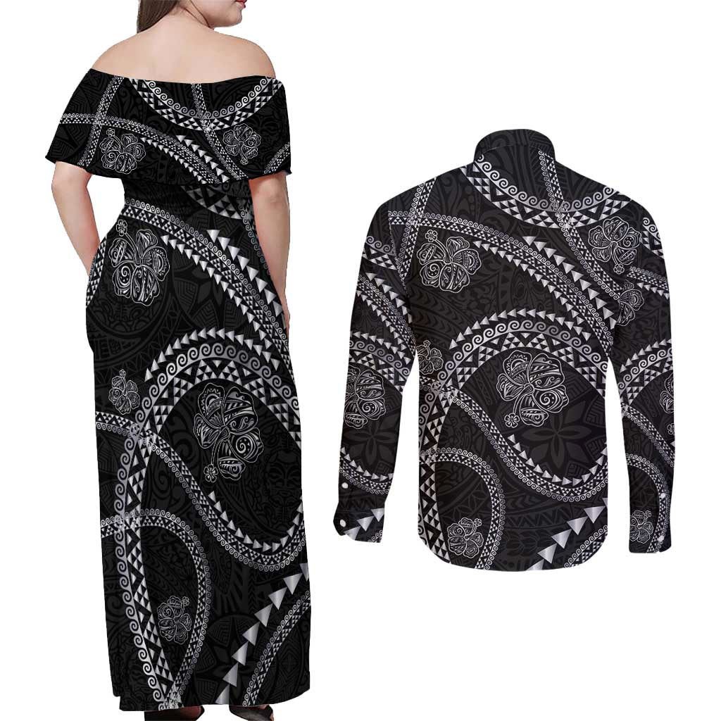 Hawaiian Kakau Art and Hisbiscus Tattoo Couples Matching Off Shoulder Maxi Dress and Long Sleeve Button Shirt Tribal Pattern-Silver Style LT03 - Polynesian Pride