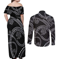 Hawaiian Kakau Art and Hisbiscus Tattoo Couples Matching Off Shoulder Maxi Dress and Long Sleeve Button Shirt Tribal Pattern-Silver Style LT03 - Polynesian Pride