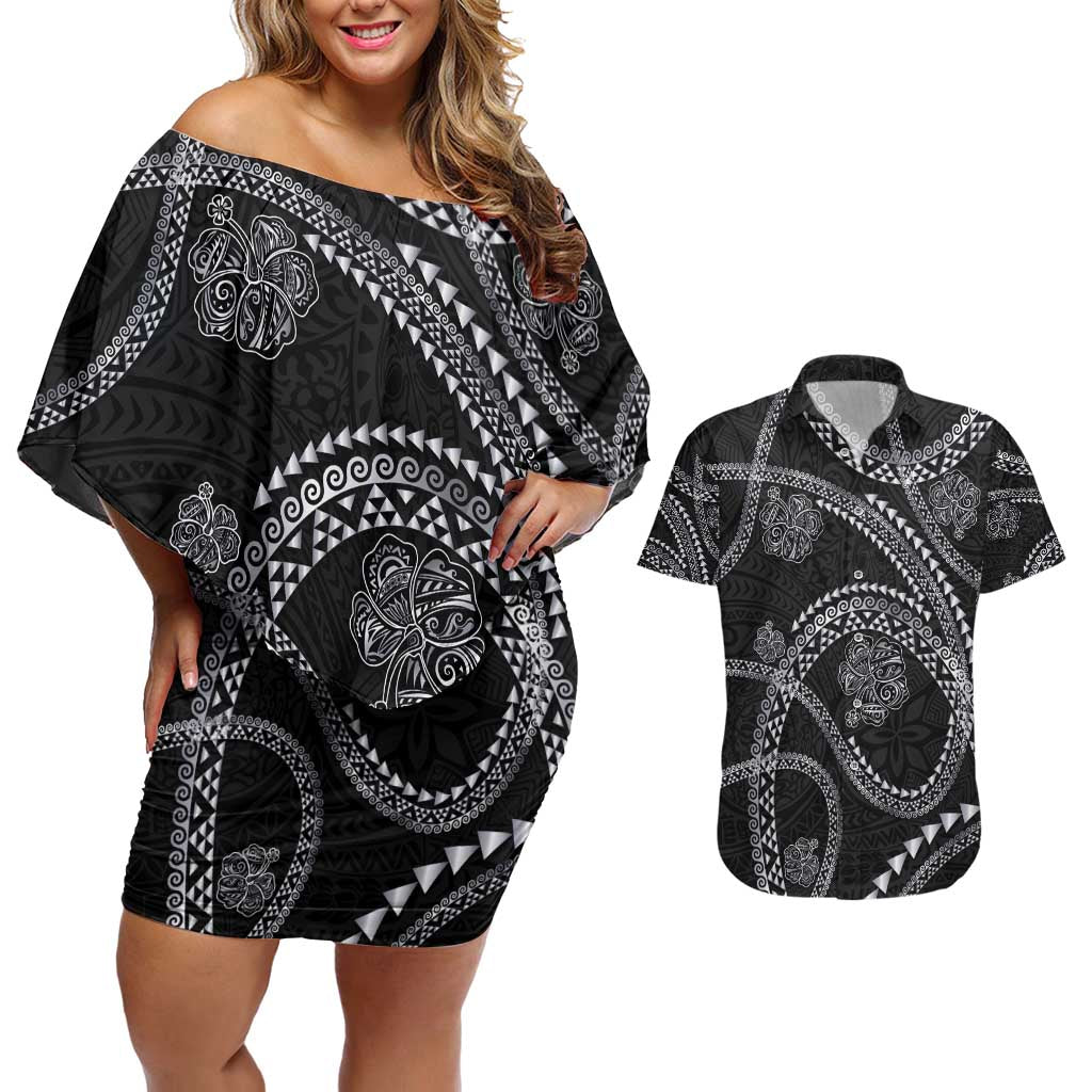 Hawaiian Kakau Art and Hisbiscus Tattoo Couples Matching Off Shoulder Short Dress and Hawaiian Shirt Tribal Pattern-Silver Style LT03 Black - Polynesian Pride