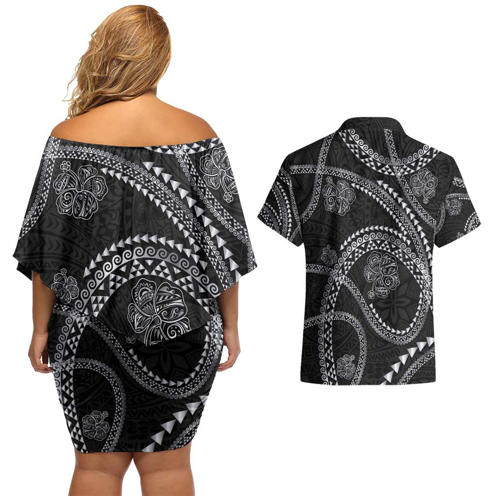 Hawaiian Kakau Art and Hisbiscus Tattoo Couples Matching Off Shoulder Short Dress and Hawaiian Shirt Tribal Pattern-Silver Style LT03 - Polynesian Pride
