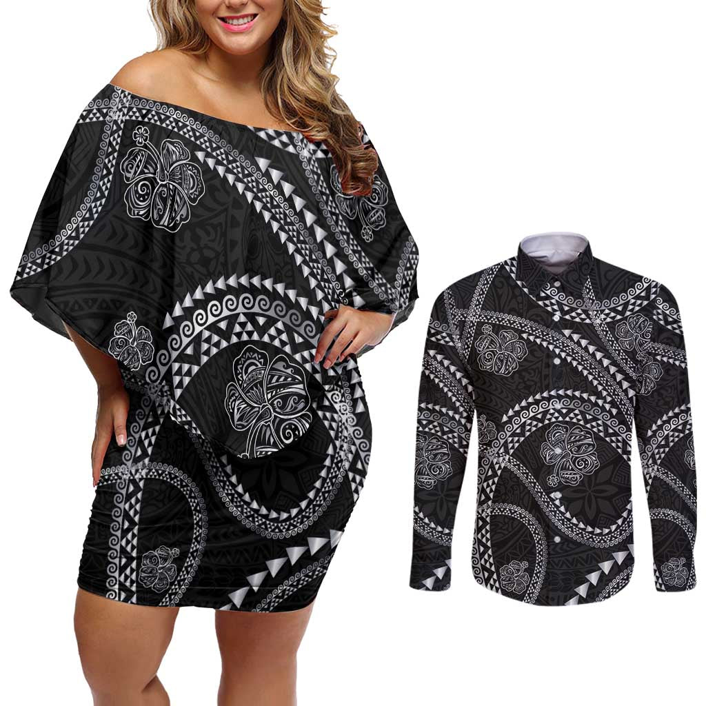 Hawaiian Kakau Art and Hisbiscus Tattoo Couples Matching Off Shoulder Short Dress and Long Sleeve Button Shirt Tribal Pattern-Silver Style LT03 Black - Polynesian Pride