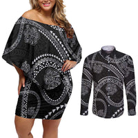 Hawaiian Kakau Art and Hisbiscus Tattoo Couples Matching Off Shoulder Short Dress and Long Sleeve Button Shirt Tribal Pattern-Silver Style LT03 Black - Polynesian Pride