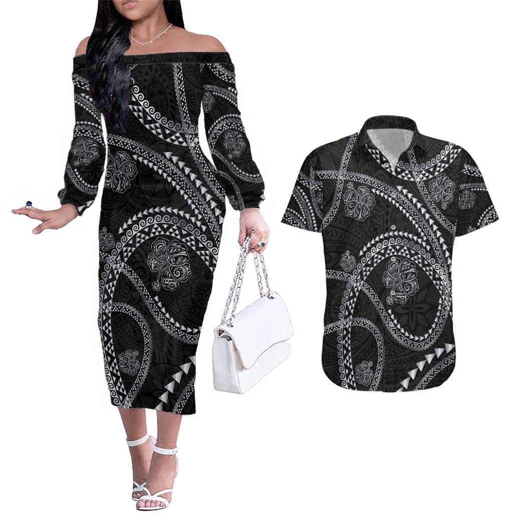 Hawaiian Kakau Art and Hisbiscus Tattoo Couples Matching Off The Shoulder Long Sleeve Dress and Hawaiian Shirt Tribal Pattern-Silver Style LT03 Black - Polynesian Pride