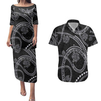 Hawaiian Kakau Art and Hisbiscus Tattoo Couples Matching Puletasi and Hawaiian Shirt Tribal Pattern-Silver Style LT03 Black - Polynesian Pride