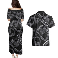 Hawaiian Kakau Art and Hisbiscus Tattoo Couples Matching Puletasi and Hawaiian Shirt Tribal Pattern-Silver Style LT03 - Polynesian Pride