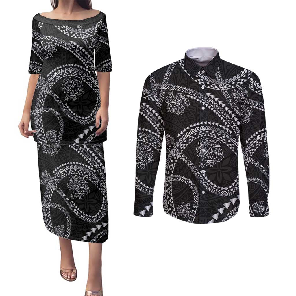 Hawaiian Kakau Art and Hisbiscus Tattoo Couples Matching Puletasi and Long Sleeve Button Shirt Tribal Pattern-Silver Style LT03 Black - Polynesian Pride