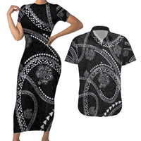 Hawaiian Kakau Art and Hisbiscus Tattoo Couples Matching Short Sleeve Bodycon Dress and Hawaiian Shirt Tribal Pattern-Silver Style LT03 Black - Polynesian Pride