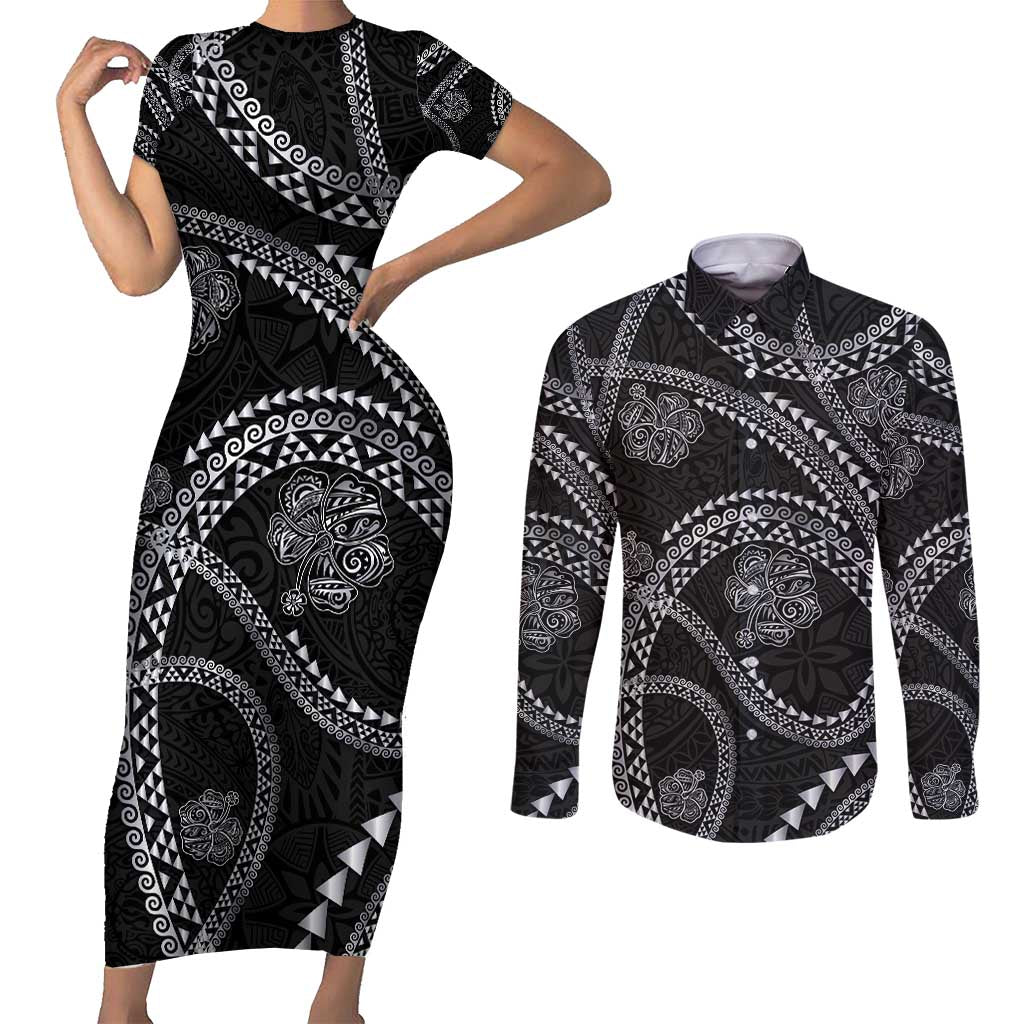 Hawaiian Kakau Art and Hisbiscus Tattoo Couples Matching Short Sleeve Bodycon Dress and Long Sleeve Button Shirt Tribal Pattern-Silver Style LT03 Black - Polynesian Pride